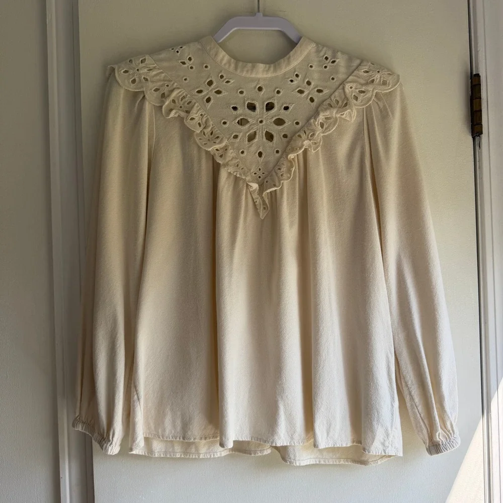 Madewell Cream Eyelet Yoke Ruffle Long Sleeve Blouse Small Ivory Cotton Viscose